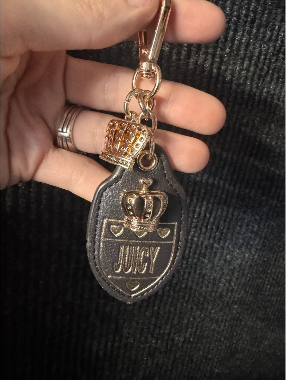 Juicy Couture Black Leather Keychain with Gold Crown Charms